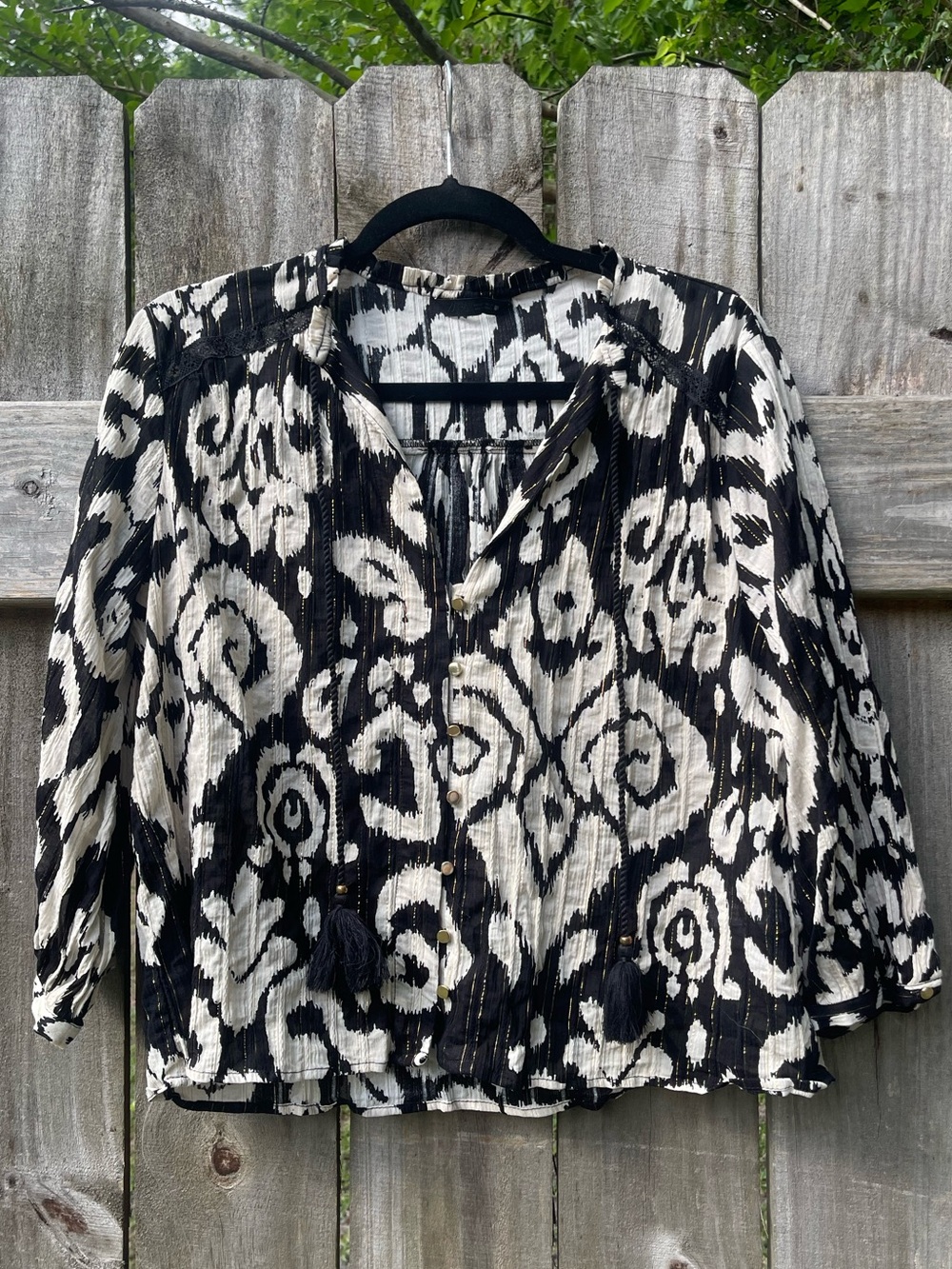 Zara Black and Cream Abstract Tie-Front Blouse Size M